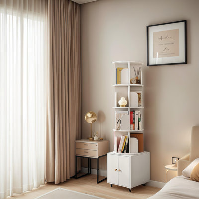 Bibliothèque rotative, bibliothèque d'angle à 5 niveaux à 360 degrés avec tiroir pour petit espace, étagère de rangement sur pied, rangement étroit en bois pour la chambre à coucher, le salon, couleur blanche