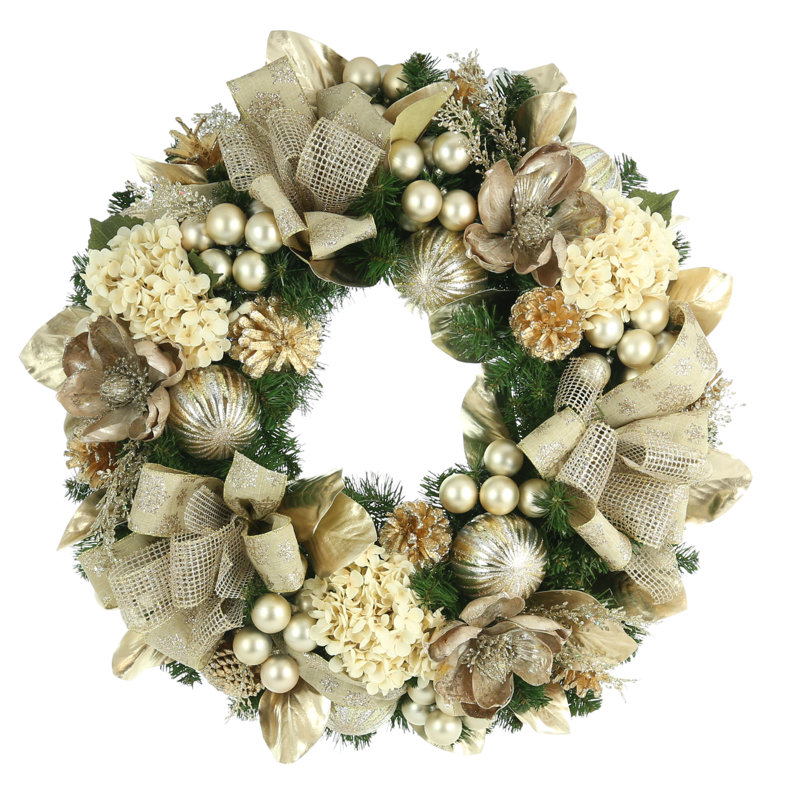 Holiday Wreath Decorated With Hydrangea, Magnolias, Ornaments And Ribbon