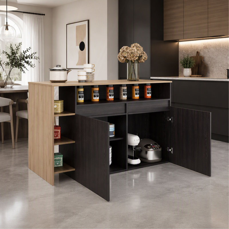 Îlot de cuisine en wengé et 2 portes, H 35,4 po x l 55 po x P 25,7 po