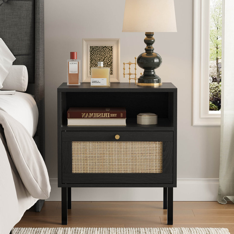Aimara Rectangular Nightstand with Rattan Door, Black, Individual