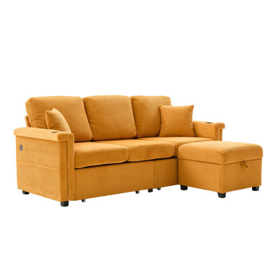 L-Shaped Sectional Sofa With Pull-Out Storage,Ottoman & Pillows 3-Seat With USB Charging,Cup Holder, Convertible Design For Living Room, Apartment, Corduroy Fabric
