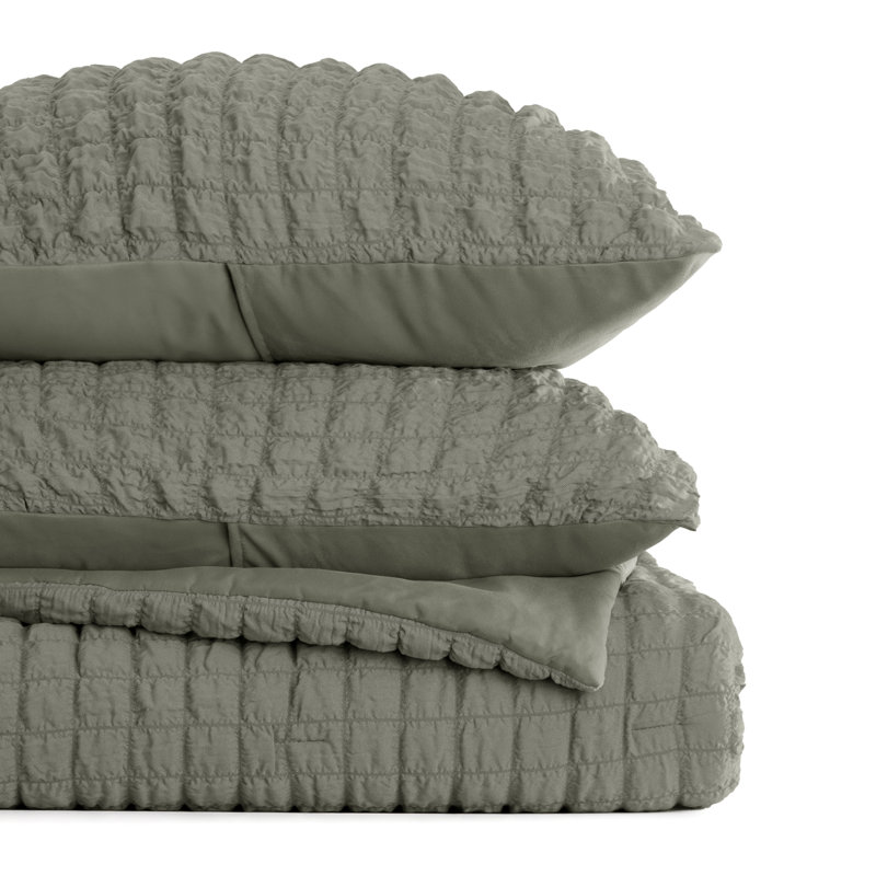 Seersucker Textured Comforter Set, Full / Queen Comforter + 2 Shams, Willow Green