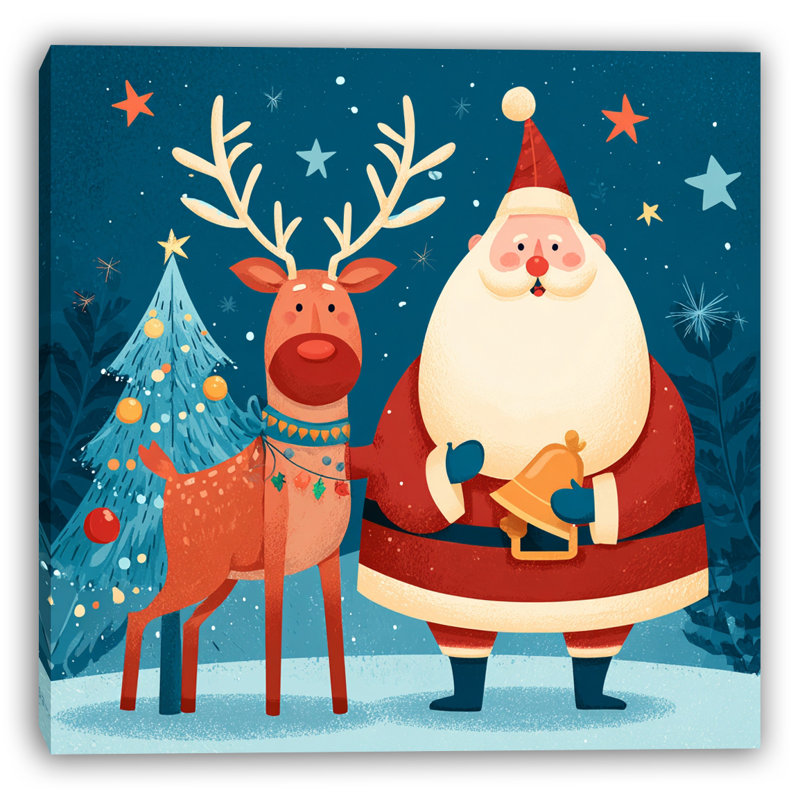 Père Noël et renne, art sur toile, H 40 po x l 40 po