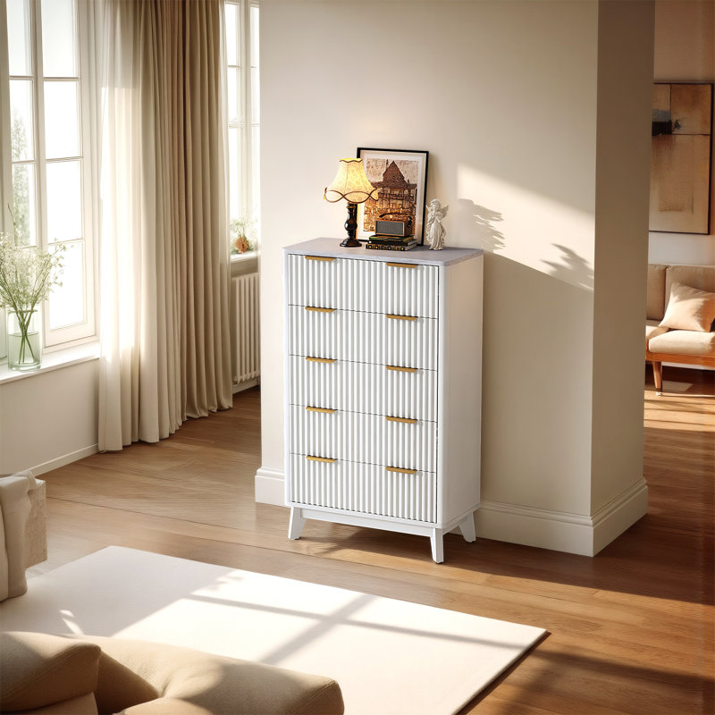 Commode 5 tiroirs Gerius, Blanc