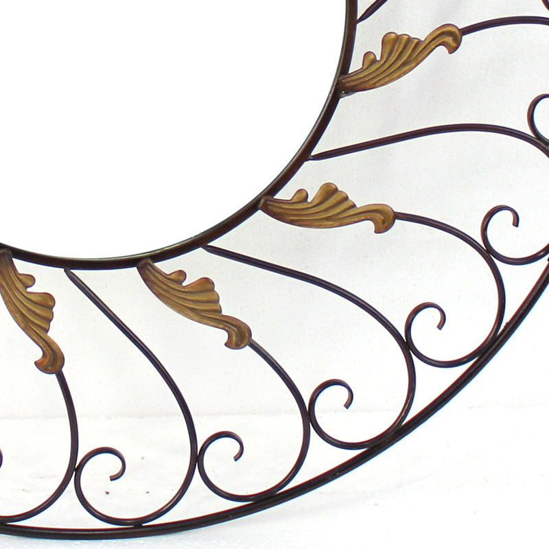 Round Metal Wall Mirror with Scroll Details, Bronze and Gold