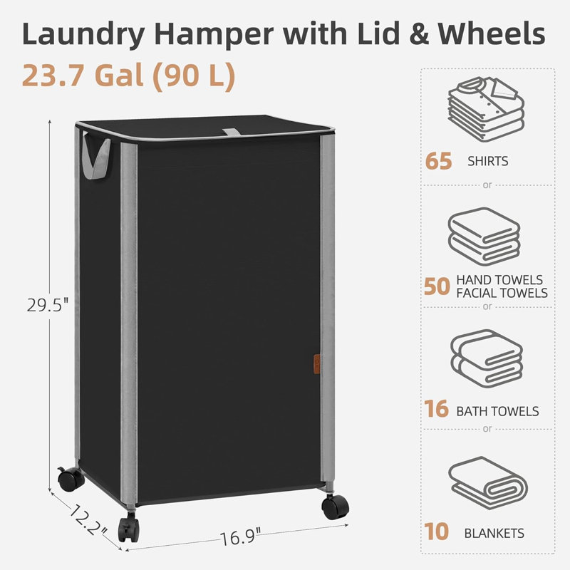 Panier à linge sur roulettes avec couvercle, grand panier à linge haut avec roues et poignées, 90,7 litres (23,7 gallons), noir