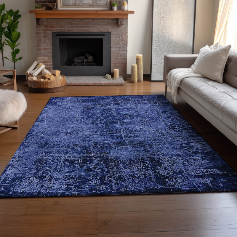 Tapis bleu marine Cerrito AMF559 lavable à la machine de qualité supérieure, Rectangulaire 3 pi x 5 pi