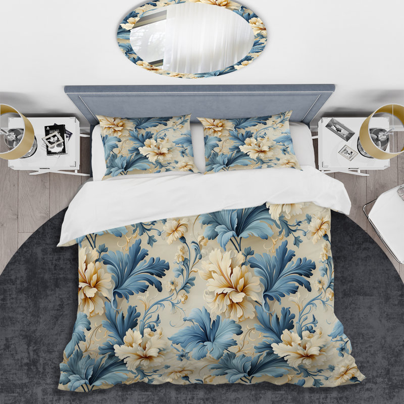 Ensemble de housse de couette en damas blanc et bleu, Housse de couette pour grand lit et 2 taies décor