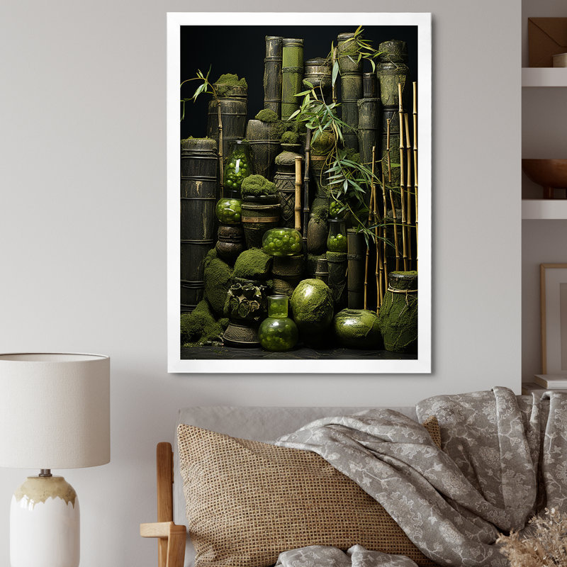 Tranquil Greenery Bamboo Oasis I - Art mural en bambou, Cadre photo blanc, H 32 po x l 16 po x P 1 po