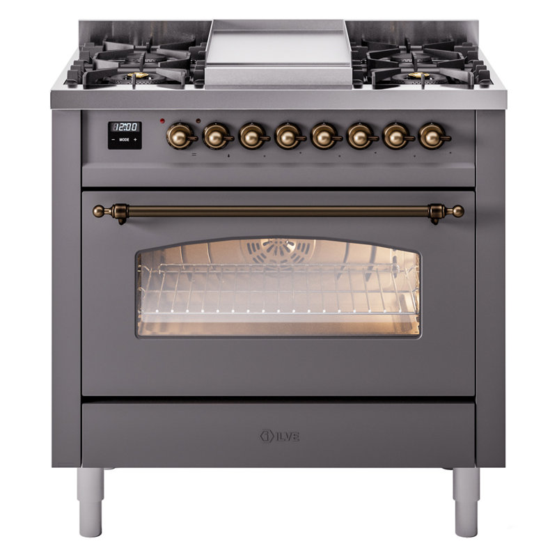 ILVE Nostalgie II Series 36 inch Dual Fuel Range with 6 Burners, Griddle (Glass Door), Graphite Matte/Bronze, Natural Gas