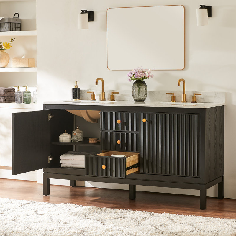 Meuble-lavabo double de 63 po avec comptoir en marbre reconstitué