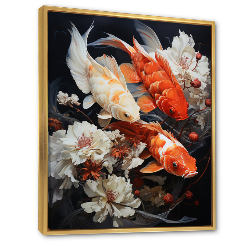 «Fishing Contemporary Koi Fish III», reproduction sur toile, H 40 po x l 30 po x P 1,5 po, Cadre flottant doré