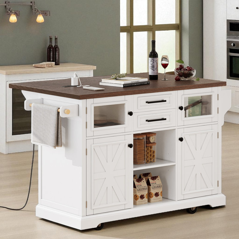 Kitchen Island With Drop Leaf, Power Outlet, 4 Door Shelves, Cross Barn Doors & Visual Glass Door, 2 Drawers, Towel Rack, Spice Rack And Adjustable Shelves