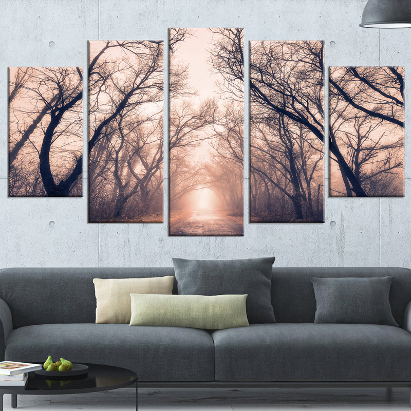 « road through mystical dark forest », ensemble de 5 reproductions de photos sur toiles tendues