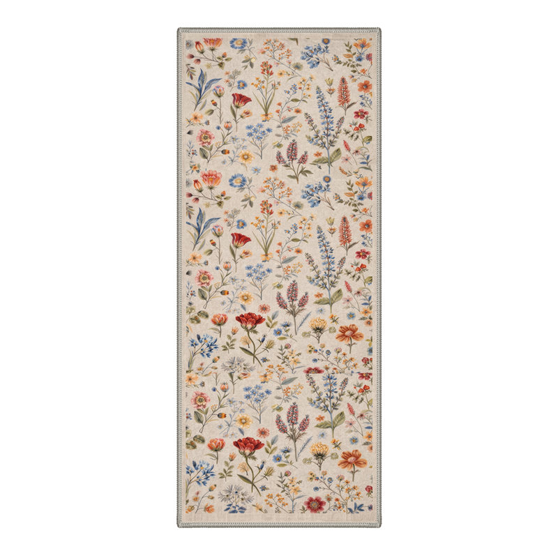 Cogswell Floret Floral Machine Washable Beige Indoor Area Rug with Non-Slip Backing, Runner 2' x 6'