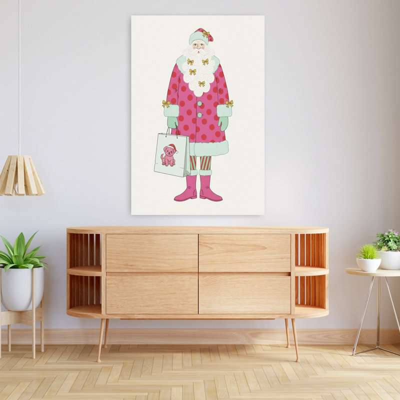 Art mural hivernal fantaisiste, père Noël rose, H 48 po x l 32 po