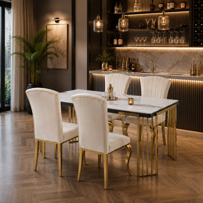 Cindy White Sintered Stone Dining Table - Luxury Gold Geometric Legs
