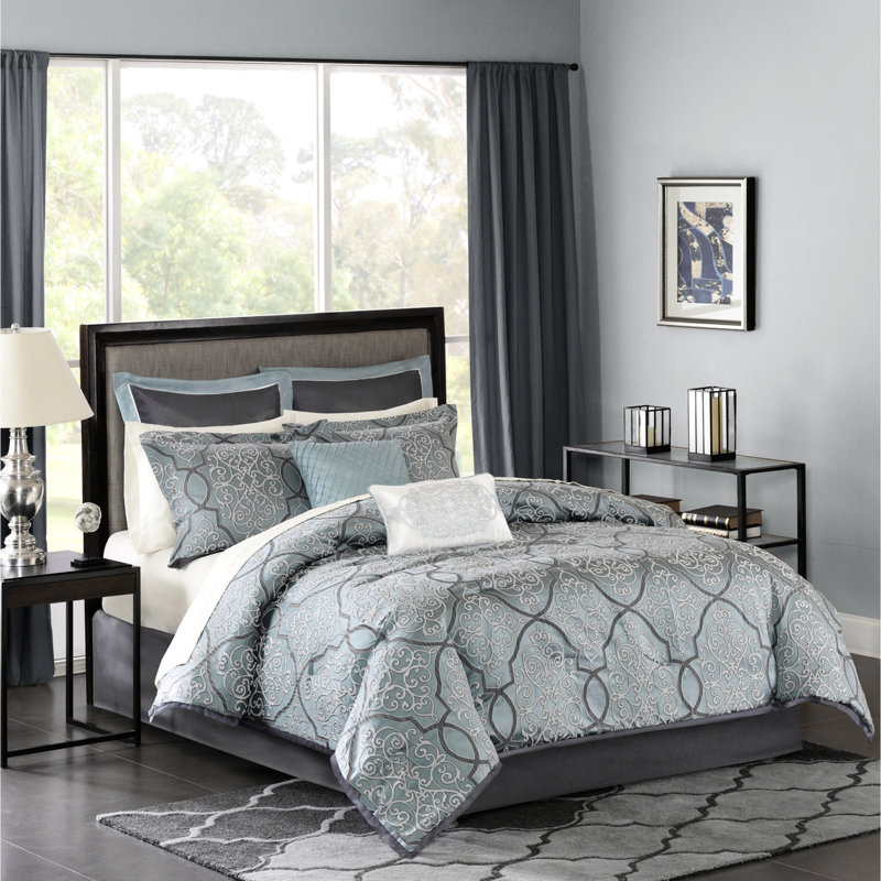 Édredon 12 pièces pour très grand lit - Draps en coton bleu et taille géométrique en pièces avec taies décoratives brodées