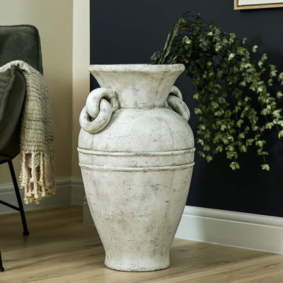Garuda 64cm Stone Finish Floor Vase for Home Decor, Antique White Decoration Terracotta Flower Pot