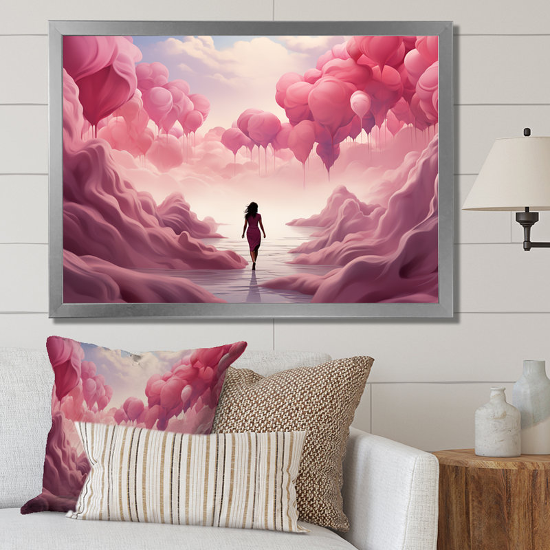 «Rose and White Air Balloon Solitude II», art mural abstrait, Cadre flottant doré, H 24 po x l 32 po x P 1 po