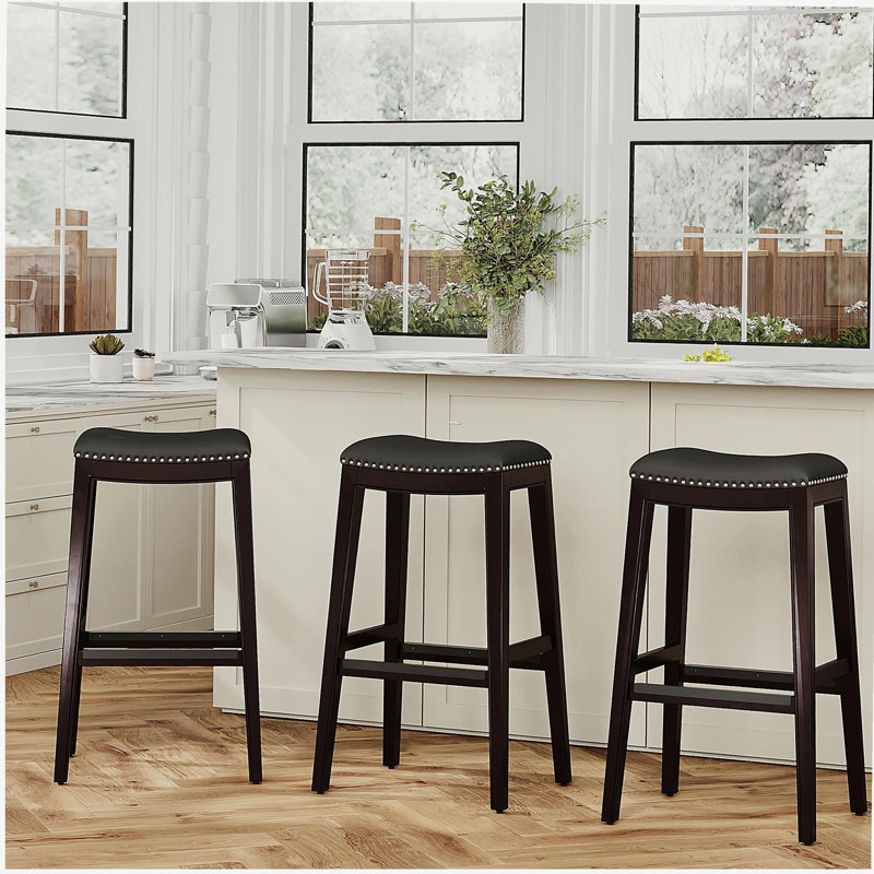 Tabouret 30 ", finition cerisier, siège en cuir os, Cerisier, Beige