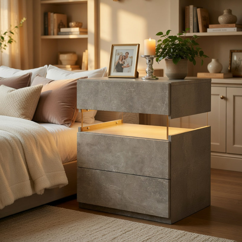 Commode 3 tiroirs pour tables de chevet à DEL avec tables en acrylique et tables de chevet à DEL (gris), Gris