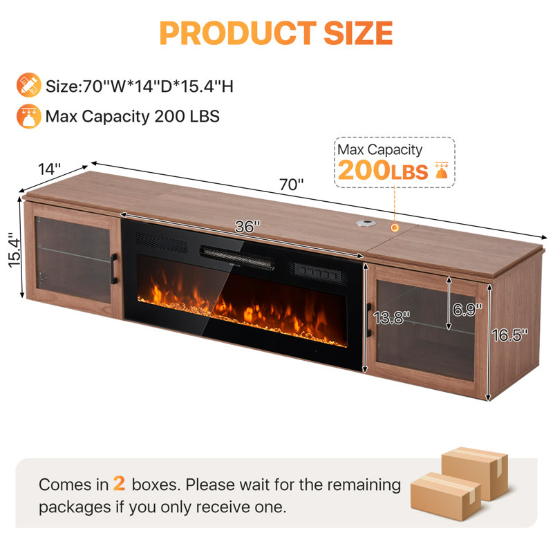 70'' Floating Fireplace Tv Stand With 36" Electric Fireplace, Led Light Entertainment Center With Storage, Wall Mounted Media Tv Console With Glass Door For Living Room
