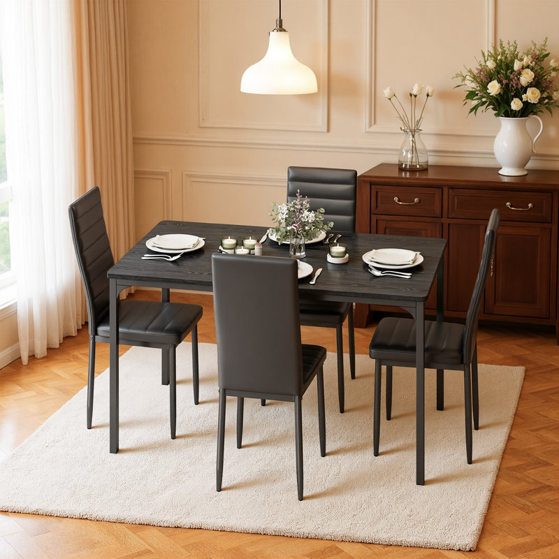 Ensemble de salle à manger 5 pièces rectangulaire en bois massif, table de cuisine et chaises pour 4 avec chaises à dossier rembourré, ensemble de table de salle à manger durable pour les petits espaces et la cuisine