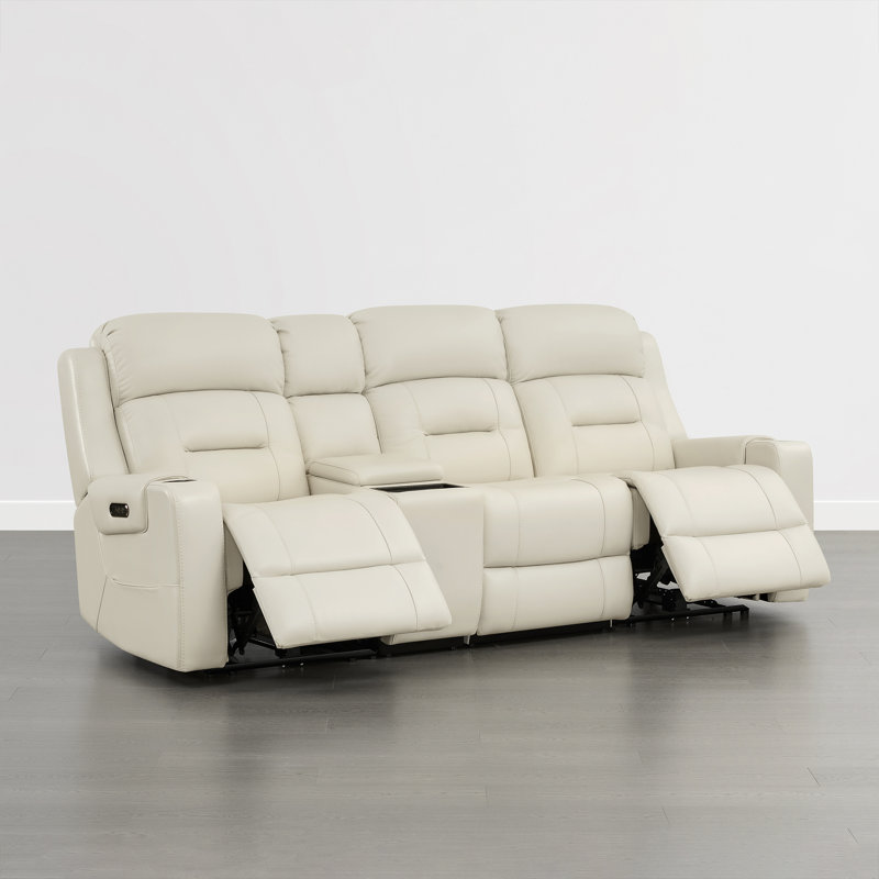 Olathe Genuine Leather Dual Motor Power Reclining Lay Flat Sofa With Power Headrest, Cream