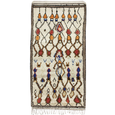 Tapis unique brun clair / orange / bleu de 4 pi x 7 pi 8 po des années 1980