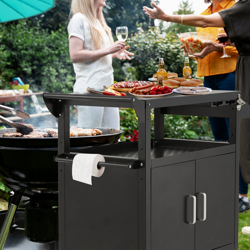 Black Steel Outdoor Grill Cart with Storage Cabinet and Wheels