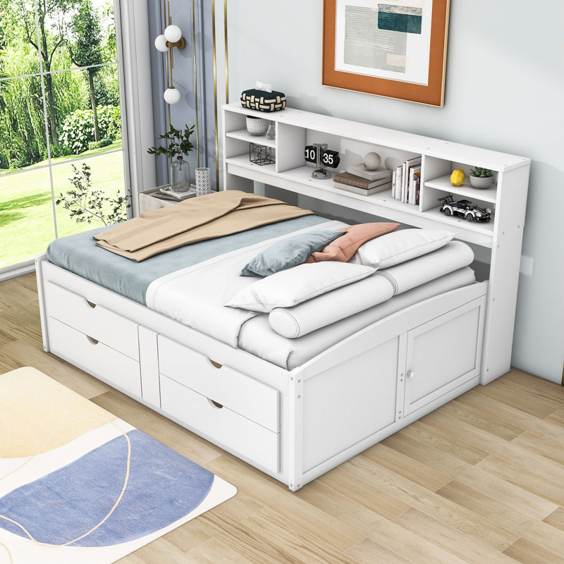 Pirley Wood Full Daybed with 2 Bedside Cabinets, Upper Shelves and 4 Drawers, White