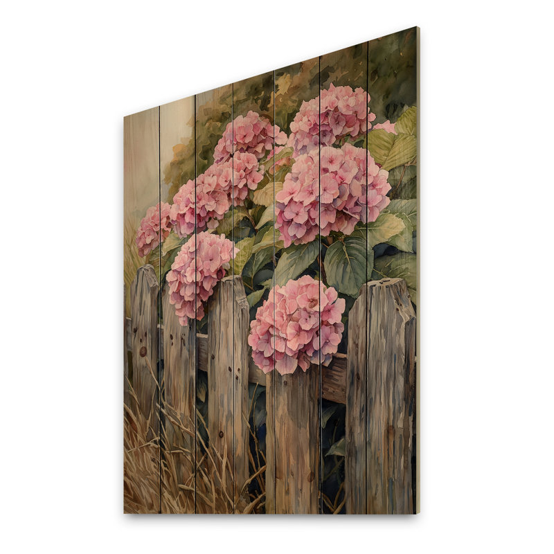 Farm Hydrangeas By The Fence II - Hydrangea Wood Wall Art - On Natural Pine Wood, 20" H x 10" W x 0.78" D