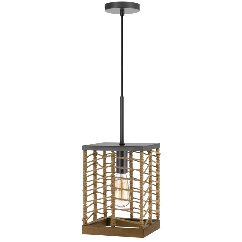 Suspension carrée en métal Winfall 60 W avec bordure inférieure en bois de bouleau et abat-jour en corde de jute