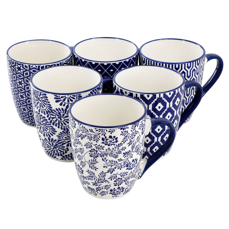 Red Barrel Studio® Mathre 6 Piece 12 Ounce Assorted Design Stoneware Mug Set in Blue and White