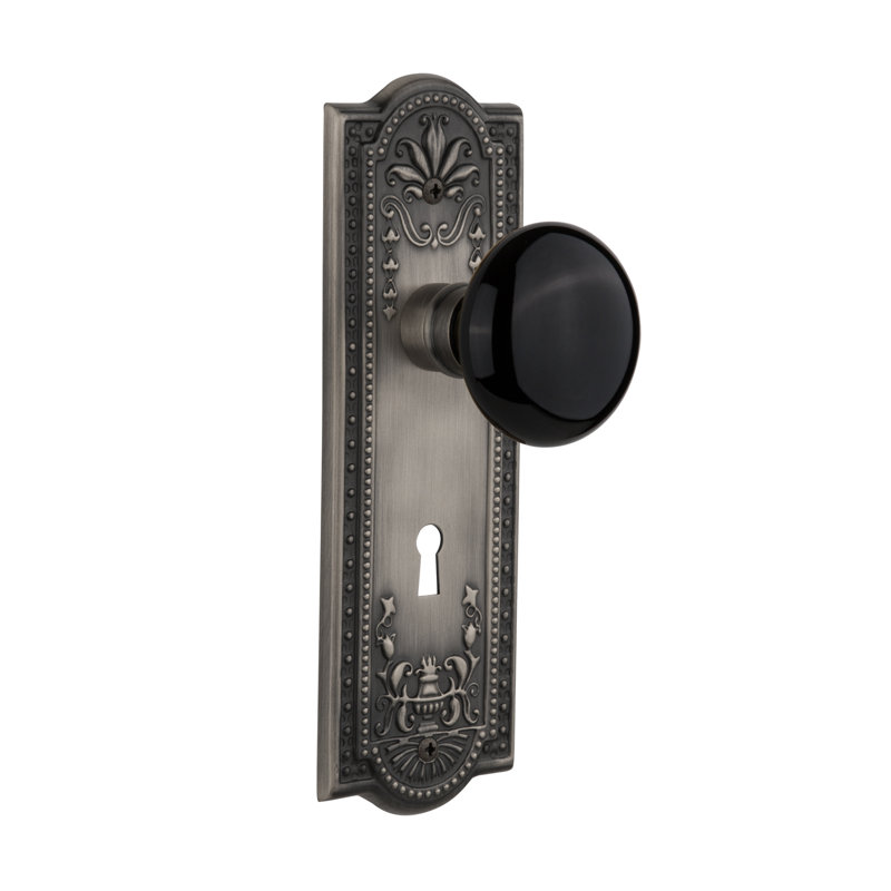 Meadows Plate with Decorative Keyhole and Black Porcelain Door Knob, Antique Pewter