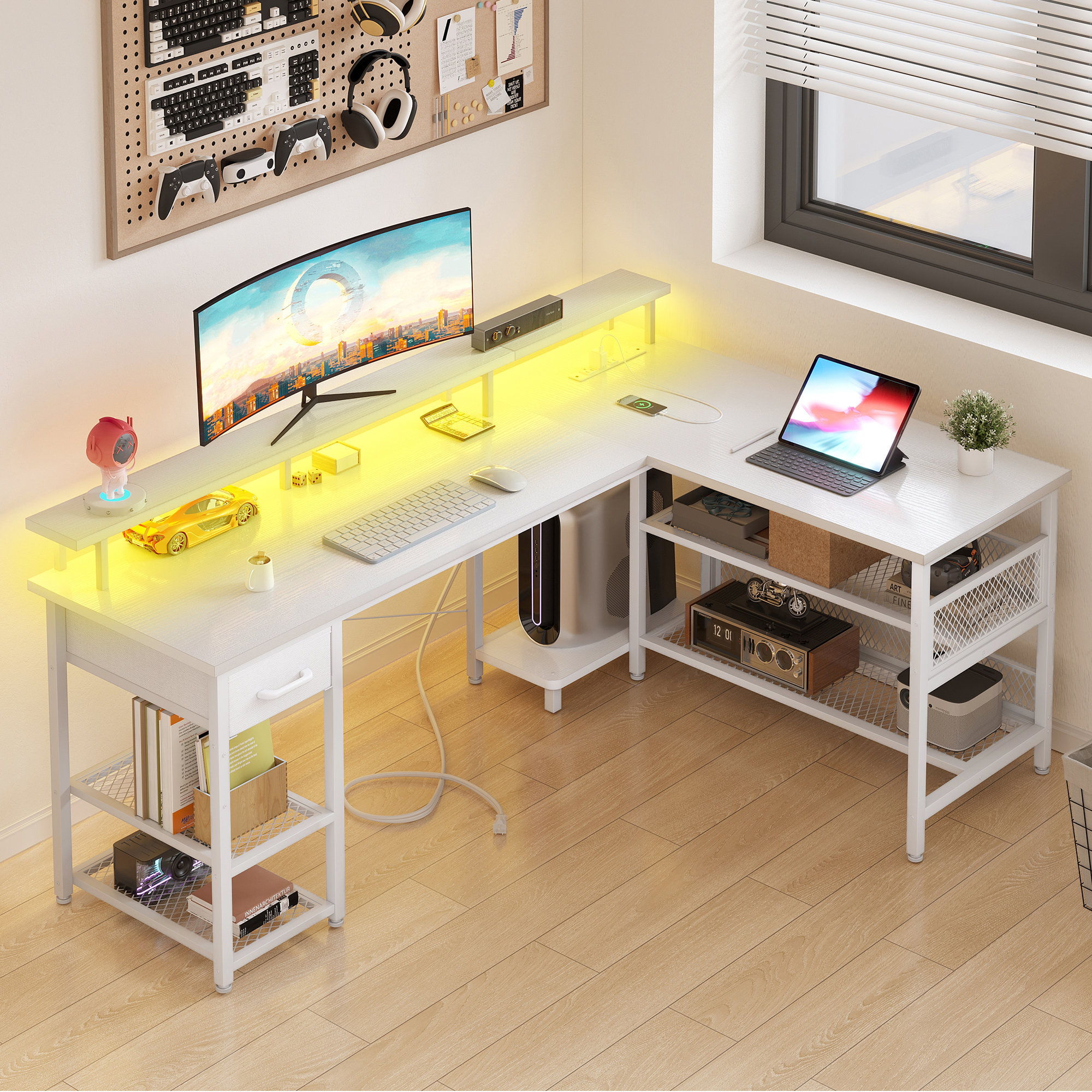 Inbox Zero Reversible Desk With Iron Shelves, Gaming Desk With Led