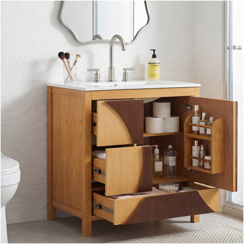 Meuble-lavabo de style moderne Mid-Century 30 po avec lavabo - Armoire autoportante en bois artistique avec 3 tiroirs et porte à fermeture en douceur, panneau à cannelures bicolore