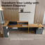 Bureau de réception en L de 87 po avec comptoir, comptoir avant moderne avec armoire de rangement, tablettes ouvertes, tiroir verrouillable et plateau à clavier pour le bureau, le hall d'entrée et la caisse (noyer foncé et gris fer - à gauche)