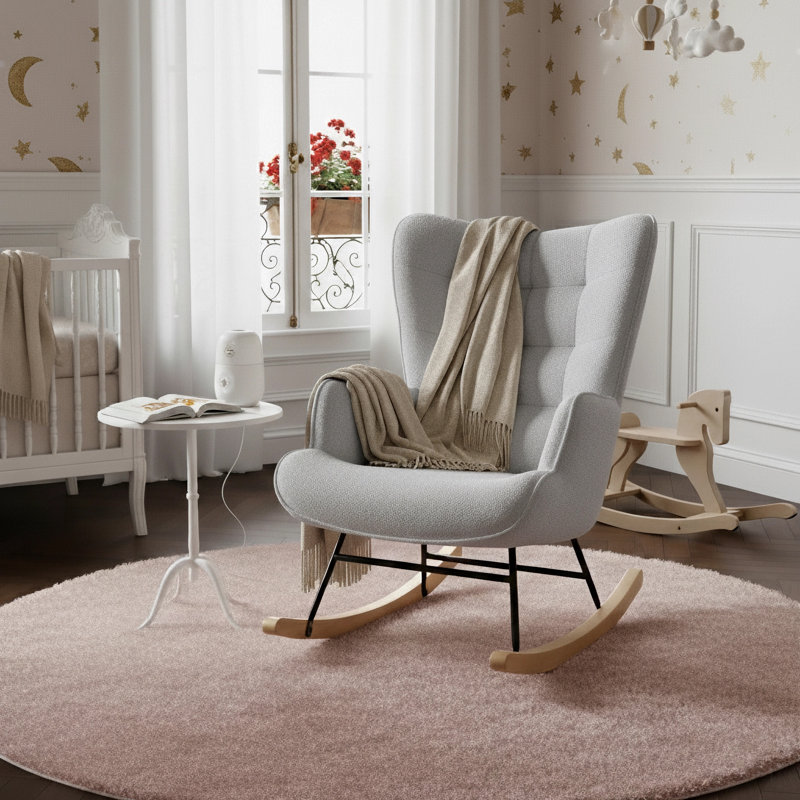 Tufted Rocking Chair, Modern Scandinavian Bouclé Accent Chair with Solid Wood Runners, Beige/Light Grey/Dark Grey/Pink