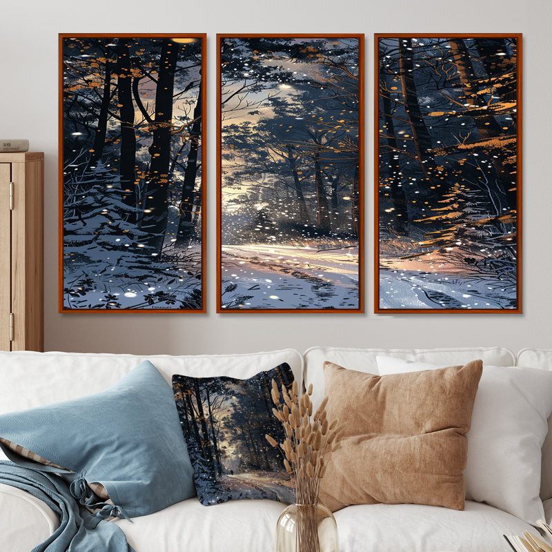 Chemin enneigé à travers la forêt d'hiver - ensemble de décoration murale forêt, H 40 po x l 60 po x P 1 po