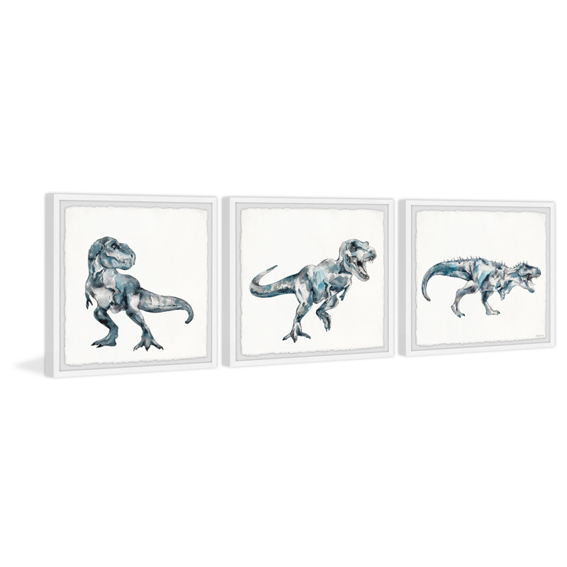 Bite And Fight T-Rex Triptych - 3 Piece Single Picture Frame Painting Set, 30cm H x 90cm W