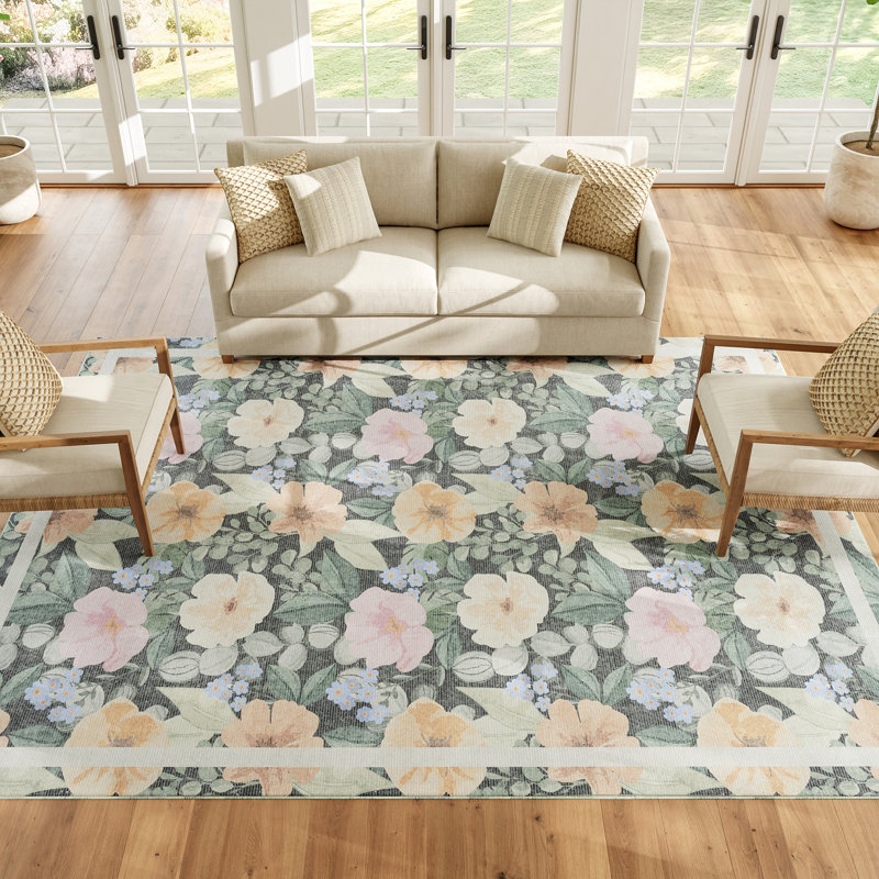 Nourison Botanical Washables 7'6" x 9'10" Charcoal Multicolor Farmhouse Indoor Rug, Rectangle 7'6" x 9'10"