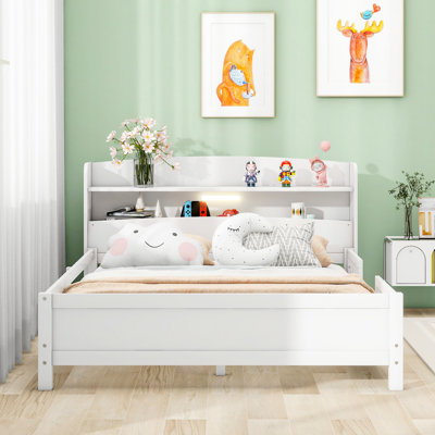 Lit plateforme double en bois avec DEL intégrée, rangement pour tête de lit et garde-corps, garde-corps blanc