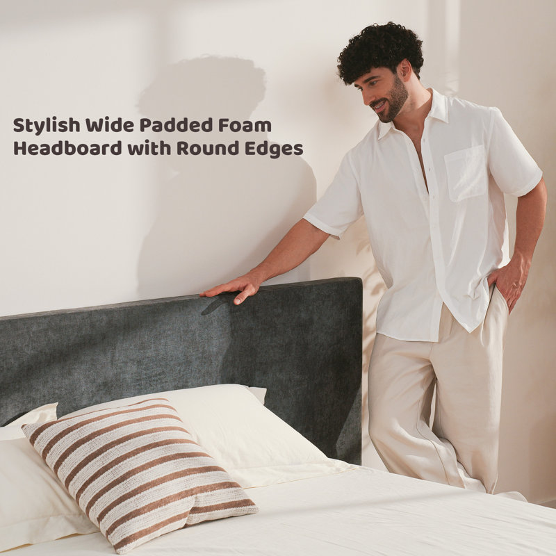 King Size Chenille Cloud Platform Bed Frame in Charcoal Grey with Extra-Wide Headboard and Floating-Style Foam Padding