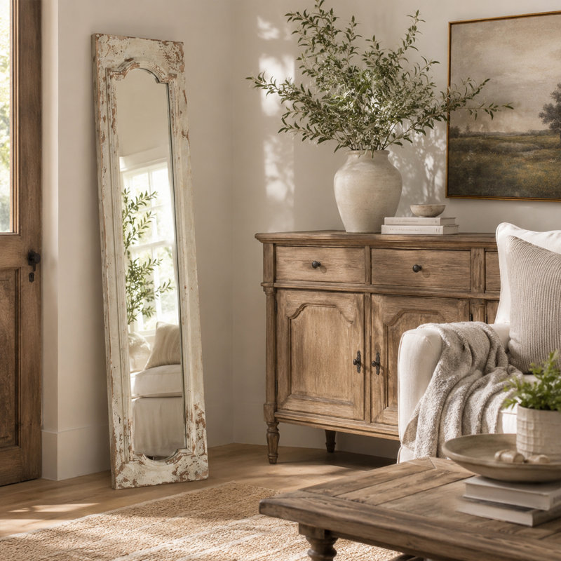 Miroir de plancher blanc patiné rustique CUFE Fi pour chambre à coucher, salon et bureau