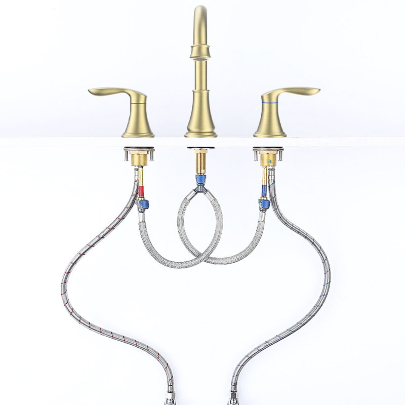 Brushed Gold Bathroom Sink Faucet 8" Widespread - 2 Handles, 3 Holes, 360 Swivel Spout, To Chemicals Stable Function, Gold