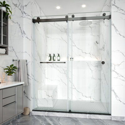 Porte de douche sans cadre KAVRTON de 56 à 61 po x H 79 po, porte de douche coulissante double en noir mat, verre transparent trempé de 3/8 po (10 mm) certifié par la GCCS avec barre à serviettes et poignée
