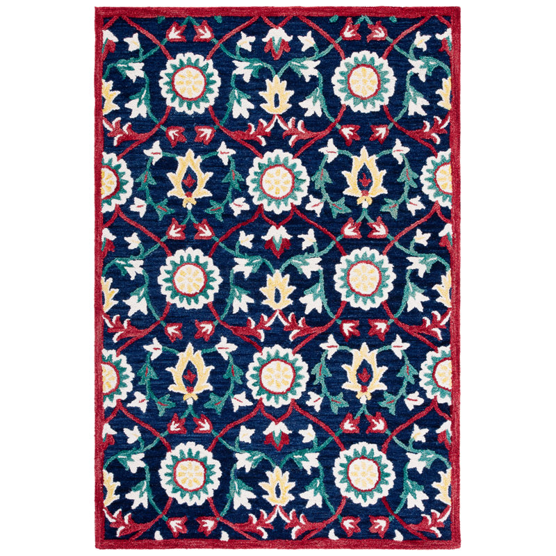Blossom Hand Tufted Wool/Cotton Oriental Rug in Red/Navy/Blue, Rectangle 8' x 10'