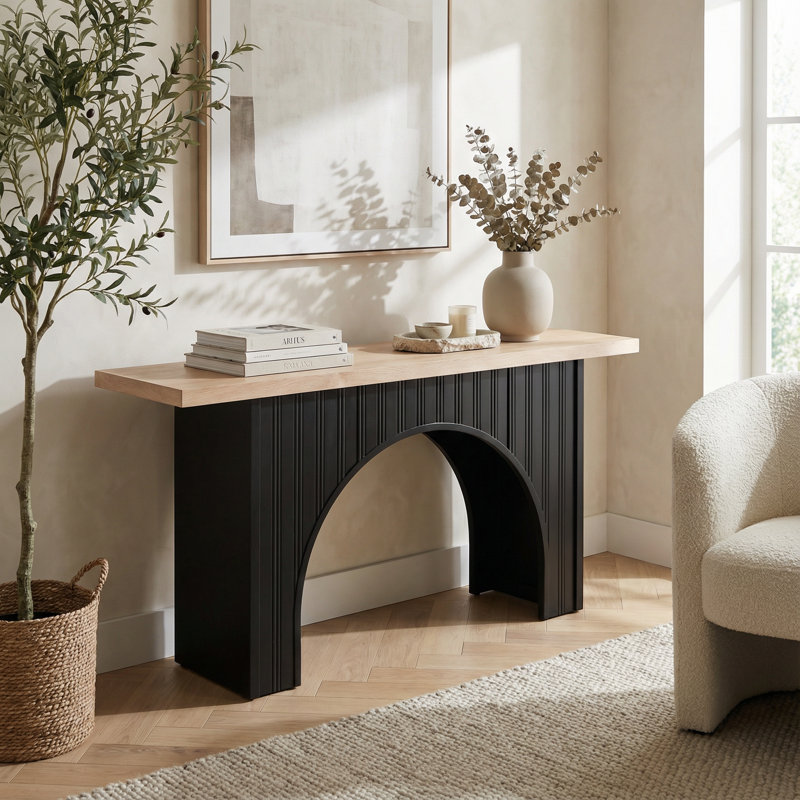 Console moderne minimaliste avec base en arche et plateau en bois, table d'entrée de 66 pouces pour le couloir ou le salon